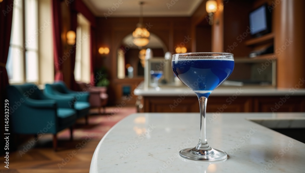 A luxurious setting with a glamorous blue cocktail glass on display A luxurious setting with a glamorous blue cocktail glass on display
