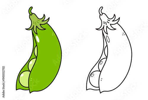 Cute funny peas waving hand character outline cartoon illustration for coloring book. Vector hand drawn traditional cartoon vintage, retro, peas pod character. Isolated on white background