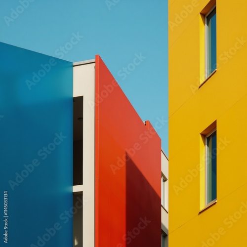 Modern minimalist architectural rendering with vibrant color palette showcasing clean geometric structures photo