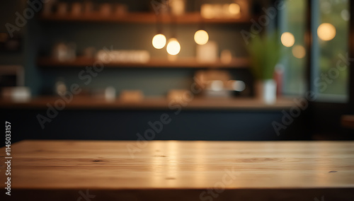 A minimalist cafe setting features an empty wooden table with a blurred bokeh effect in a darkened room._00001_
