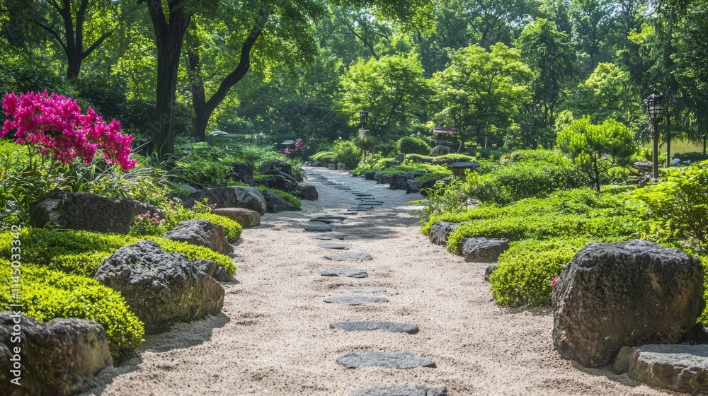 A serene garden pathway lined with stones and vibrant flowers. A serene garden pathway lined with stones and vibrant flowers.
