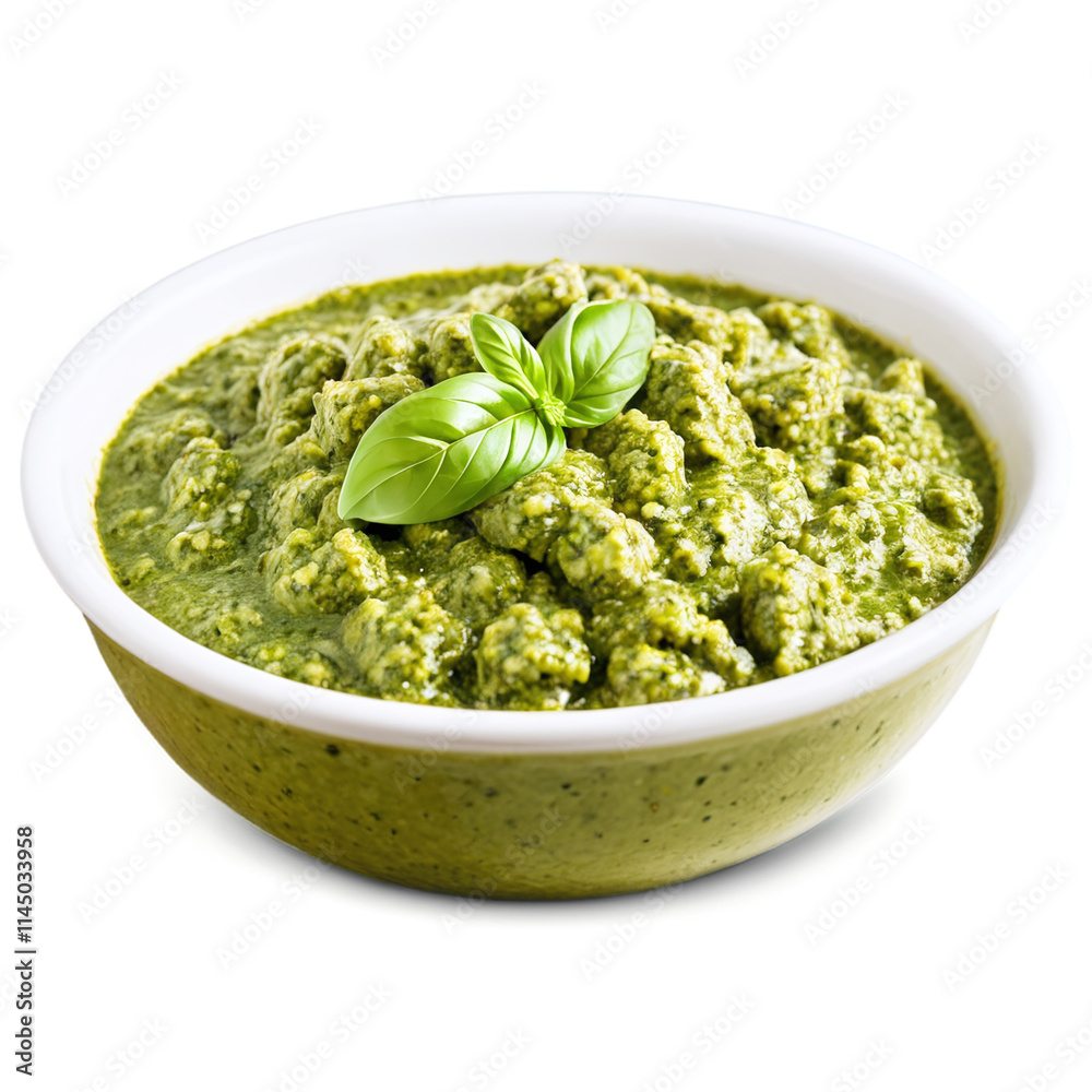Bowl of pesto sauce garnished with fresh basil leaves isolated on transparent background Bowl of pesto sauce garnished with fresh basil leaves isolated on transparent background
