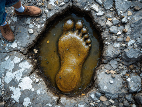 Footprint, bigfoot, yeti, sasquatch, mythical, creature, large, muddy, puddle, water, rocks, stones, pebbles, ground, earth, outdoor, nature, wilderness, forest, hiking, adventure, exploration, myster photo