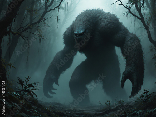 Misty forest with legendary Bigfoot photo