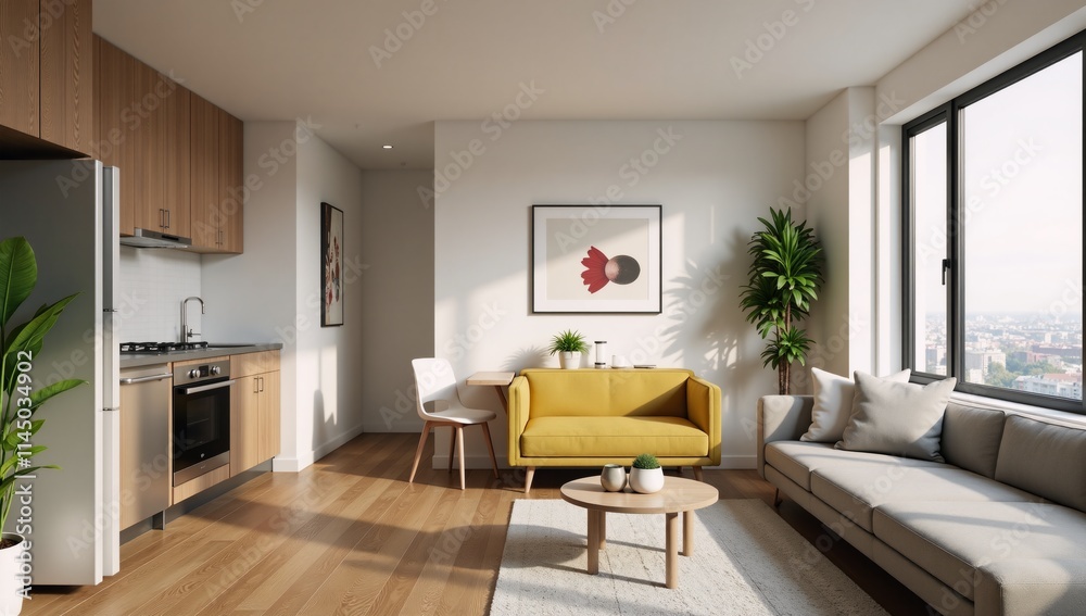 Fototapeta premium Small apartment interior featuring kitchen living room Rendering