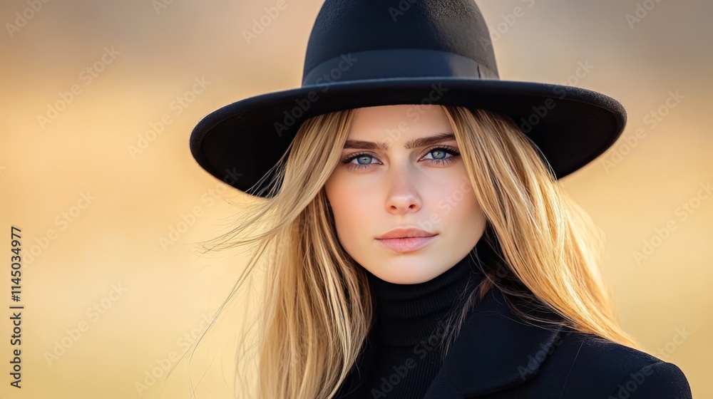 Blonde woman in a black turtleneck and wide brimmed hat, captured outdoors during golden hour, exuding confidence and elegance with cinematic tones and soft lighting Blonde woman in a black turtleneck and wide brimmed hat, captured outdoors during golden hour, exuding confidence and elegance with cinematic tones and soft lighting