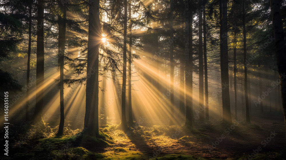 Obraz premium Sunlight streaming through trees in a forest