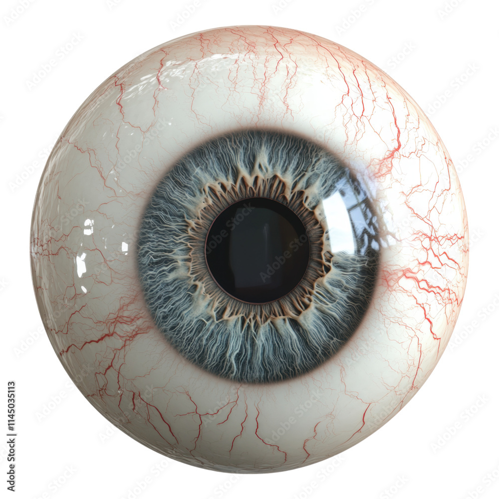 Detailed illustration of a human eye featuring iris, pupil, and sclera with a transparent background for educational purposes