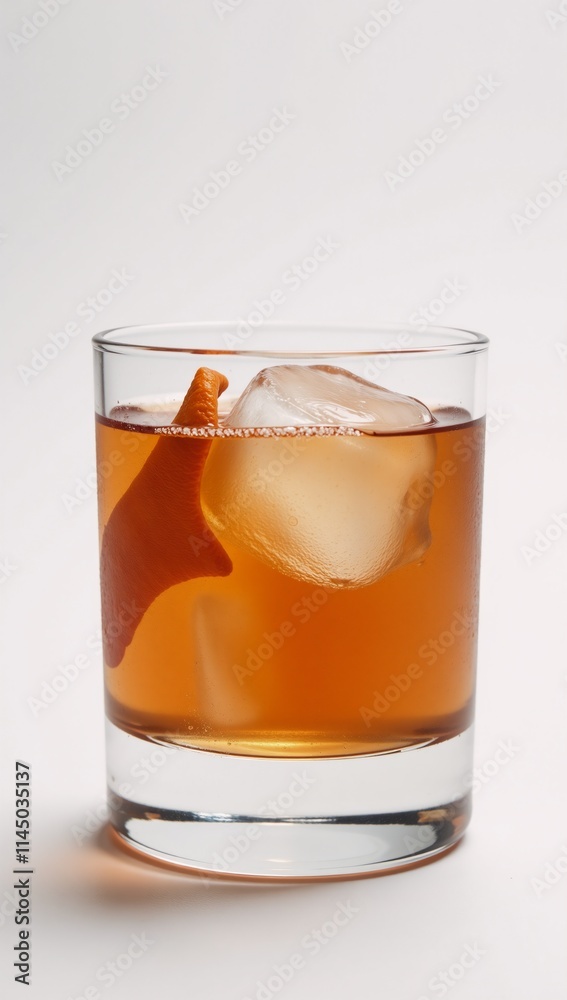Close-up shot of Boulevardier cocktail in lowball glass against white backdrop Close-up shot of Boulevardier cocktail in lowball glass against white backdrop