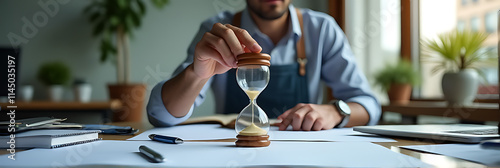 A male hand holds an hourglass on a cluttered worktable in a modern office setting, symbolizing time and motivation._00002_
