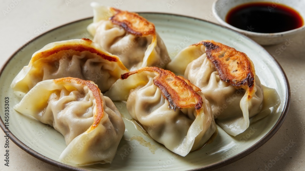 Gyoza dumplings with a crispy crust. The dumplings are golden brown in color, with a small crack at the top. They are served on a plate, drizzled with soy sauce. Gyoza dumplings with a crispy crust. The dumplings are golden brown in color, with a small crack at the top. They are served on a plate, drizzled with soy sauce.