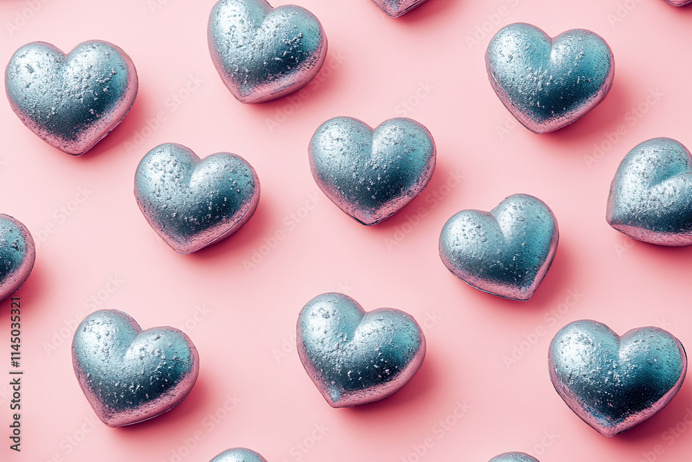 Shiny metallic hearts displayed on a soft pink background in a repeated pattern. Concept of Valentine's Day, symbols, attributes of love Shiny metallic hearts displayed on a soft pink background in a repeated pattern. Concept of Valentine's Day, symbols, attributes of love