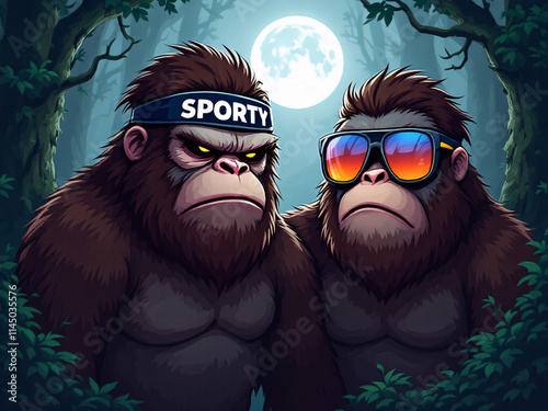 Two angry gorillas with sporty headbands photo