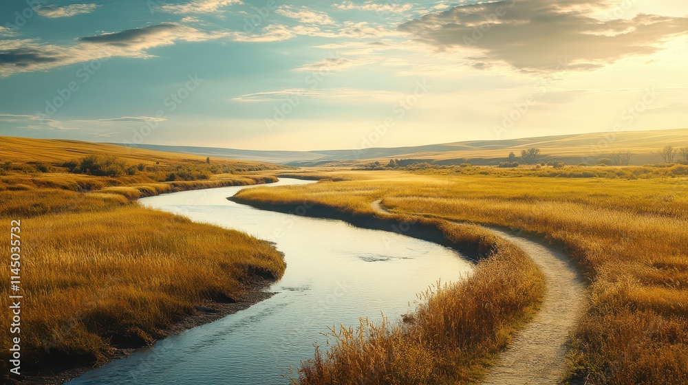 Serene River Flowing Through Golden Meadows at Sunset Serene River Flowing Through Golden Meadows at Sunset