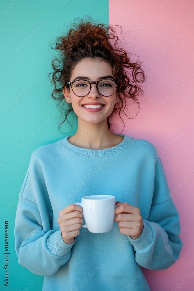 Happy Young Woman with Glasses Holding White Mug Against a Colorful Background