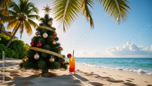 Celebrate New Years Day with tropical cocktails beneath palm trees and sunny beaches surrounded by a festive Christmas tree setup photo