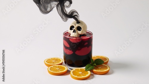 Spooky Halloween cocktail with a skull design adorned with orange slices  mint releasing dark smoke photo