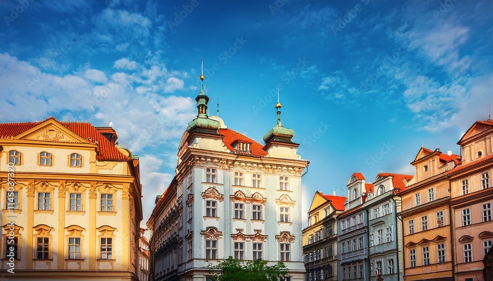 Obraz premium Sunlit Splendor: Iconic Buildings of Prague on a Clear Day