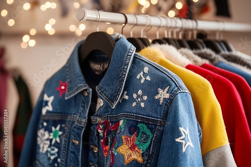 Vibrant thrift market with denim jackets and colorful dishes photo