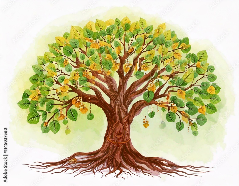 Bodhi Sacred Fig tree Watercolor Vector Illustration.