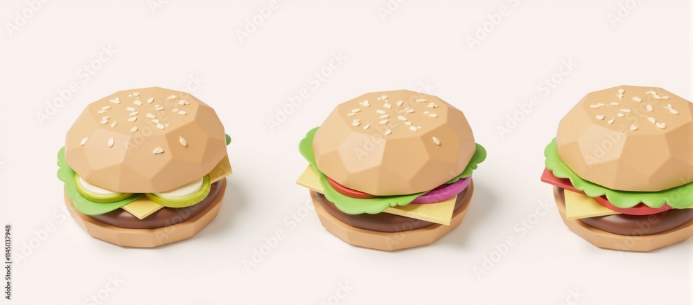 Four low-poly vegan burger divider icons in game asset style on white background Four low-poly vegan burger divider icons in game asset style on white background
