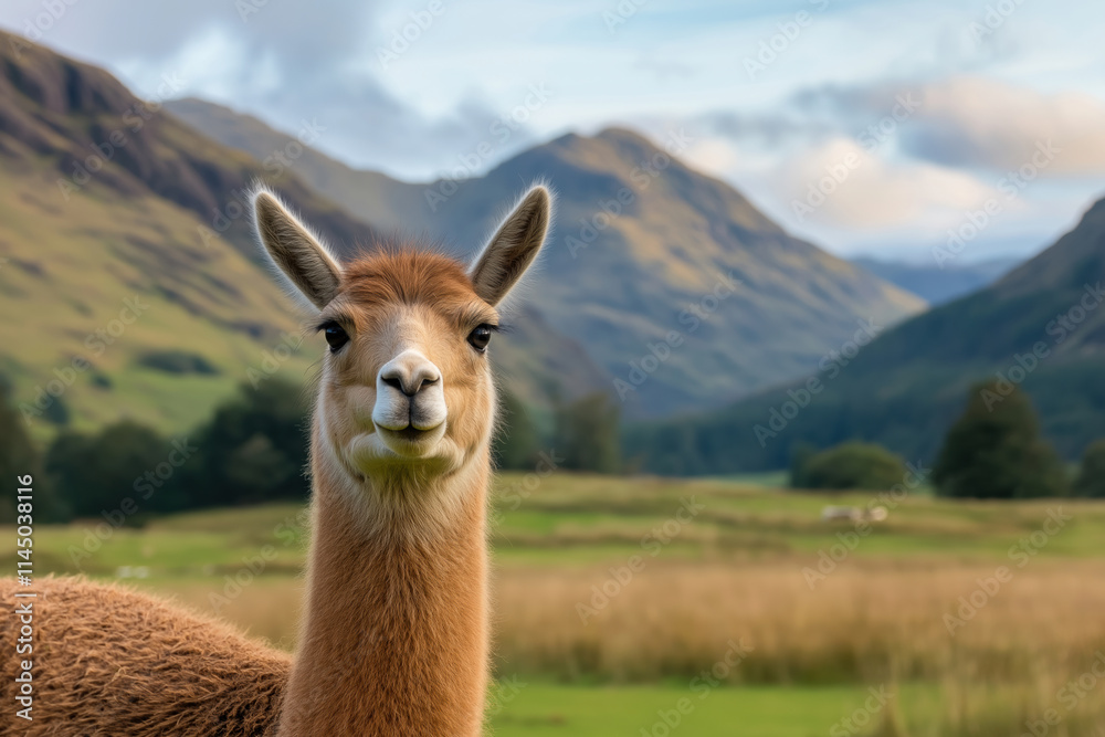 Obraz premium Llama standing in a serene pasture with mountains in the background during daylight