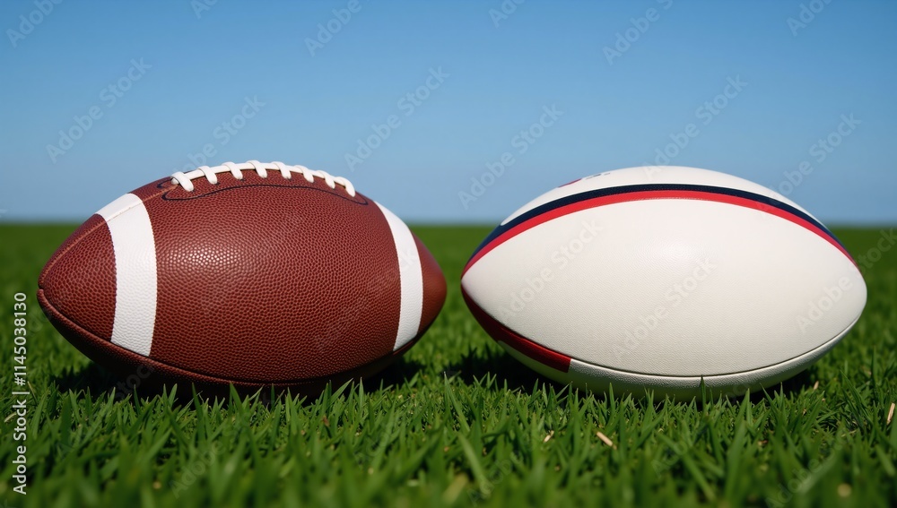 Side-by-side comparison of rugby and American football balls on a grass field for sports equipment enthusiasts Side-by-side comparison of rugby and American football balls on a grass field for sports equipment enthusiasts