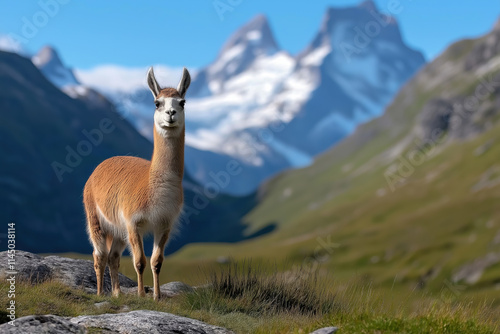 Wild guanaco stands in a picturesque valley with snowy mountains in the background
