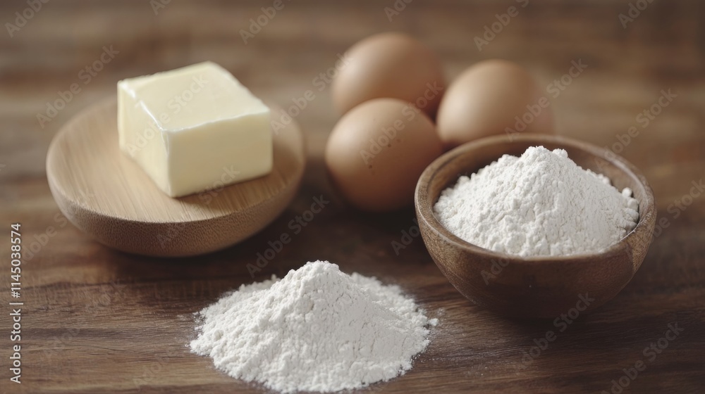 Baking Ingredients: Butter, Flour, and Eggs Baking Ingredients: Butter, Flour, and Eggs
