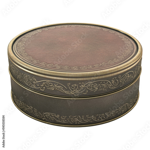 Round tin container design featuring intricate embossed lid details, ideal for branding and product presentation, transparent background for versatility photo