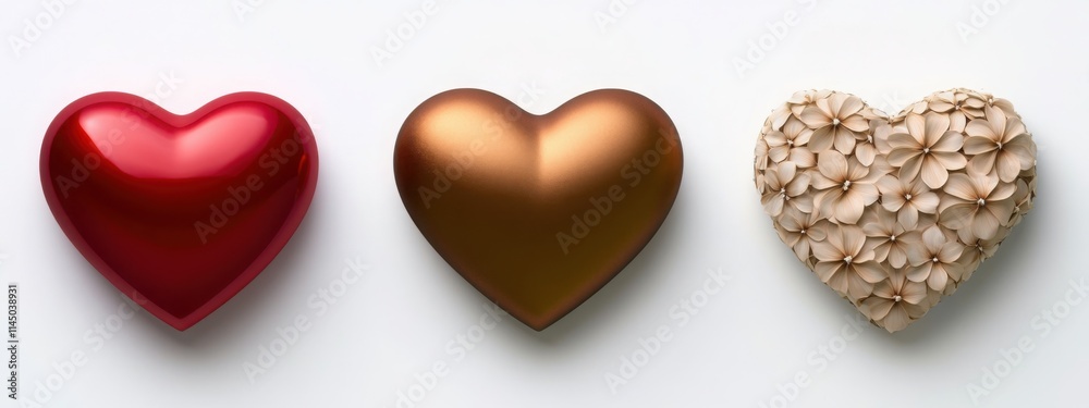 Obraz premium Three different heart shapes on a white background: one red with a glossy texture