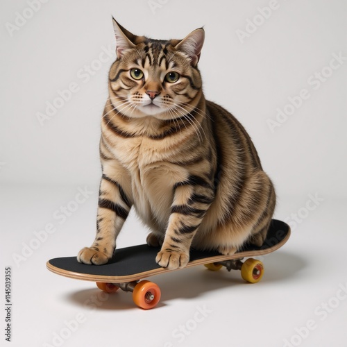 A rotund feline cruising around on skateboard wheels photo