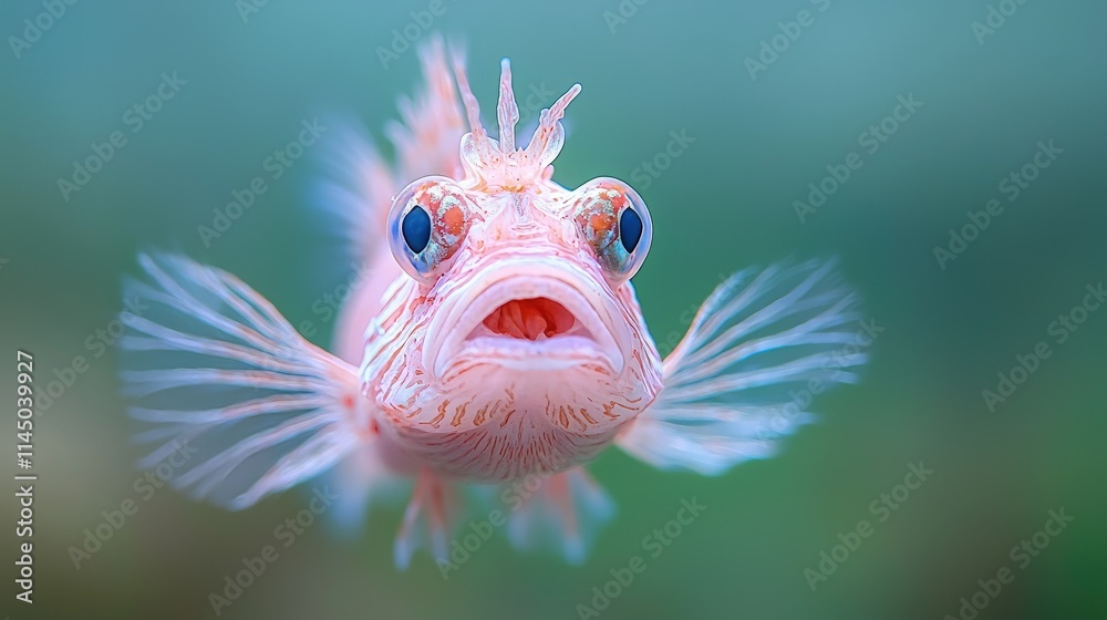 Fototapeta premium Close-up macro of a small pink spiky fish swimming underwater with its mouth open against a soft teal background.