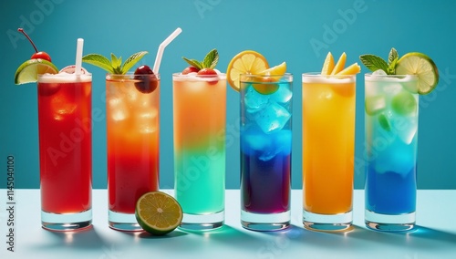 Six vibrant summer cocktails featured in tall glasses with various gradient colors and garnishes set against a cool misty blue backdrop