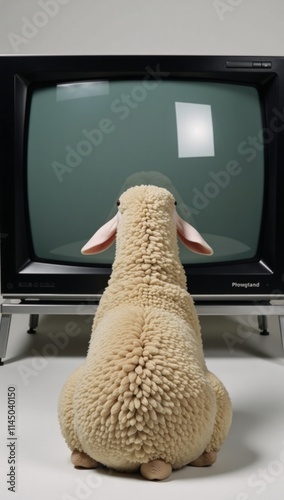 Sheep watching television symbolizing propaganda and media manipulation photo