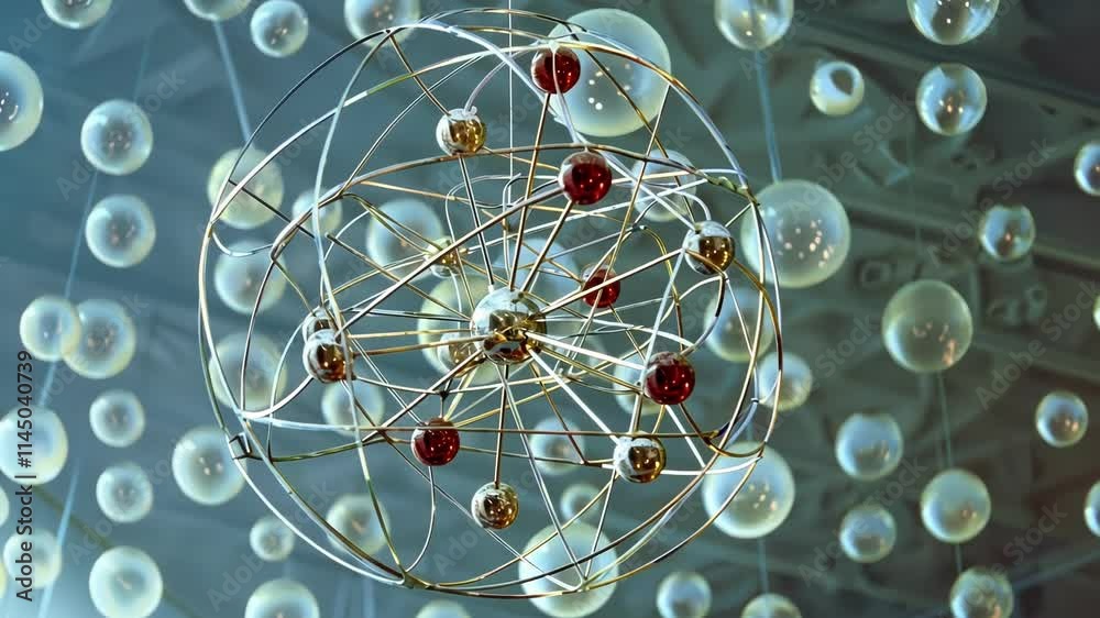 An intricate model of an atoms electron cloud is suspended from the ceiling of the Electron Cloud Observatory serving as a reminder of the unpredictable nature of subatomic particles.