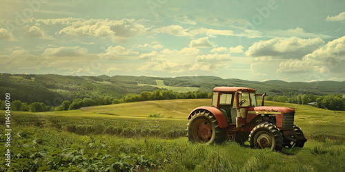 Red Tractor in Agricultural Field with Hilly Landscape