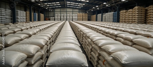 Warehouse filled with large sacks containing grains bulk products such as sugar salt and coffee along with building materials photo