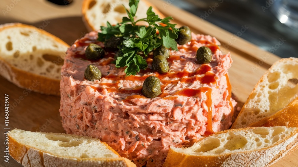 Tuna tonnato in cream sauce, sprinkled with fresh parsley. Served with crispy baguette slices. The dish is decorated with capers and drizzled with sriracha sauce. Tuna tonnato in cream sauce, sprinkled with fresh parsley. Served with crispy baguette slices. The dish is decorated with capers and drizzled with sriracha sauce.