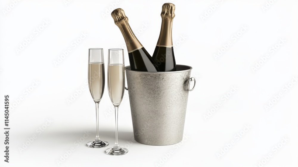 Champagne Celebration: Exquisite Bottles and Glasses in a Stylish Bucket Champagne Celebration: Exquisite Bottles and Glasses in a Stylish Bucket
