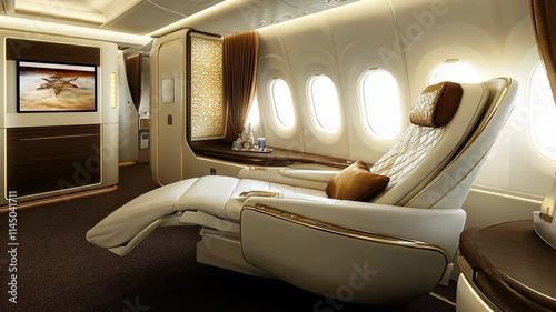 Luxury airplane interior featuring spacious seating and elegant design in a private cabin