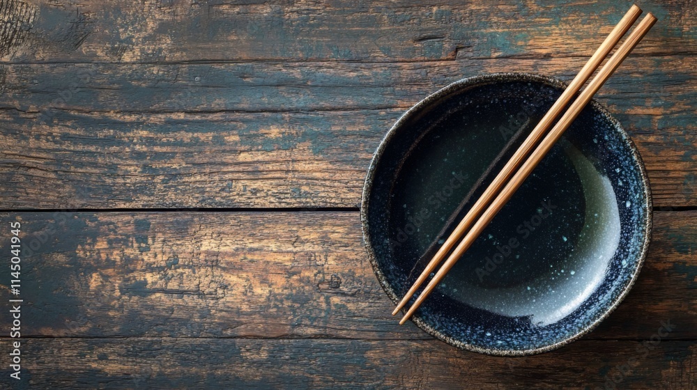 Empty Dark Blue Bowl with Chopsticks on Rustic Wooden Table Empty Dark Blue Bowl with Chopsticks on Rustic Wooden Table