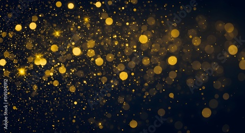 Abstract dark blue and gold particle background with Christmas golden light bokeh, shining particles on navy blue, gold foil texture, festive holiday concept