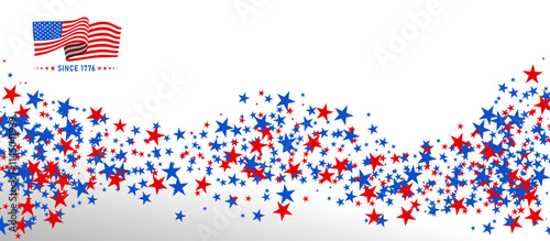 American Independence Day stars background. 4th of July stardust scattered. Red blue star confetti in USA flag color for Independence Day. Vector USA flag colors. Flying star sparkles american symbols