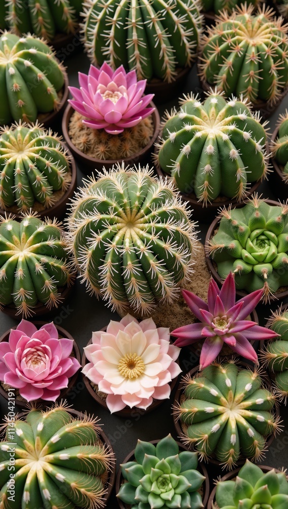 Fototapeta premium A captivating display of colorful cacti and succulents highlights the unique forms and hues characteristic of deserts