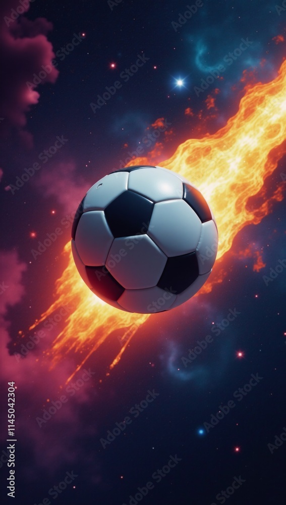 Naklejka premium A surreal interstellar soccer game unfolds in vibrant celestial scenery with cosmic motion and astounding visuals