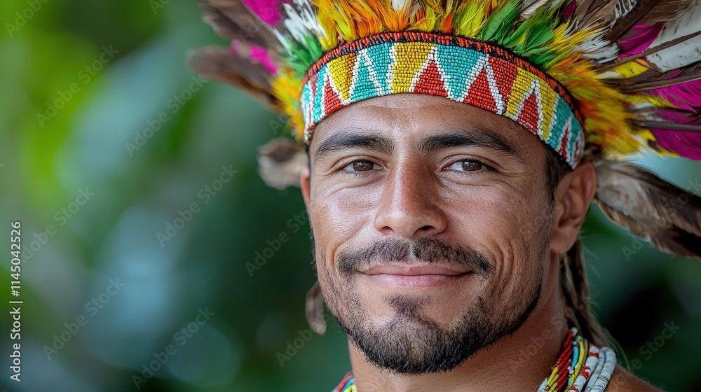 Close-up portrait of a smiling indigenous man wearing a colorful headdress. Close-up portrait of a smiling indigenous man wearing a colorful headdress.
