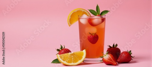 A refreshing strawberry-orange cocktail served in a glass with fresh fruits against a pink backdrop featuring a cool ice cube for that perfect summer sipper photo