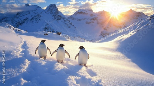 Three penguins walking on snow towards sunset in mountains.