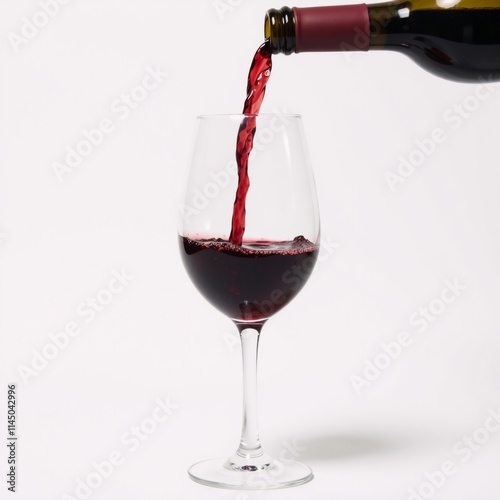 A bottle pours wine into a glass against a pristine white backdrop Isolated